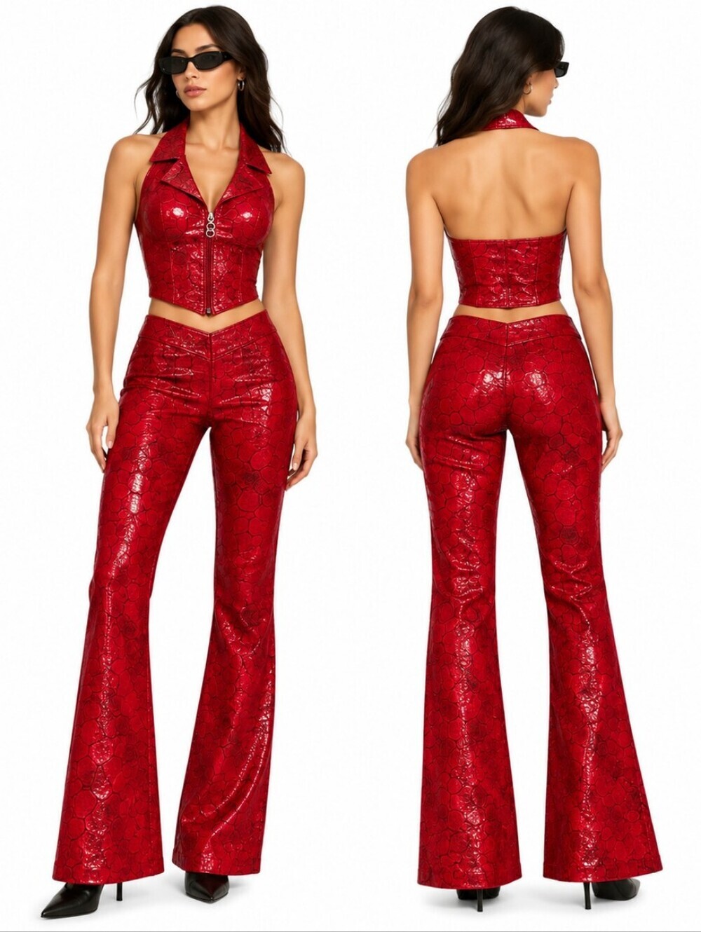 Vintage Y2K Caché Red Croc Print Halter Top Pants 2 Piece Set Wet Look (S/M)